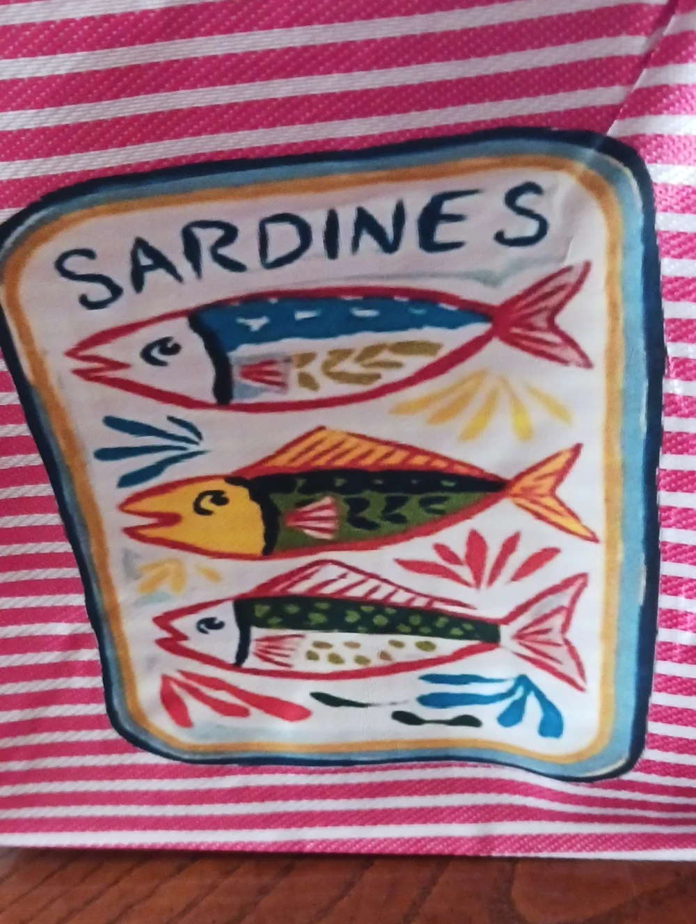 Pink Striped Tote Bag with Sardines Design